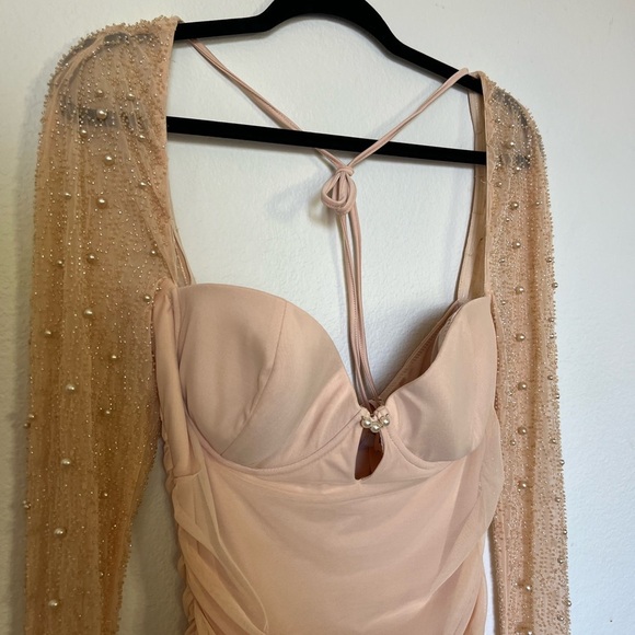 Oh Polly Peach Mesh Ruched Mini Dress - Picture 4 of 7